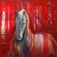 Horse Metamorphosis - a large contemporary red oil painting of beautif