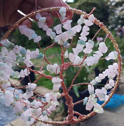 ring tree, chrysocalla and rose quartz, copper wire