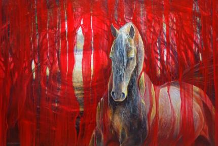 Horse Metamorphosis - a large contemporary red oil painting of beautif