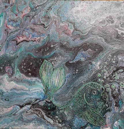 Original art, Abstract art, fishes and sea,Unique art, Acrylic pouring