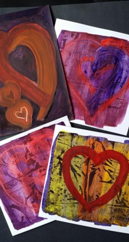 SET OF 4 HAND PAINTED HEART CARDS