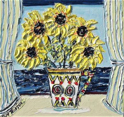 SUNFLOWERS WITH BLUE STRIPED CURTAINS