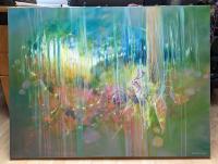 The Song of the Deer is a colourful semi abstract oil painting of a gr